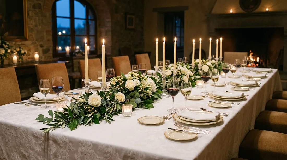 Festlich gedeckte lange Tafel mit weißer Tischdecke, Kerzen, Blumen und
Geschirr bei warmem Abendlicht