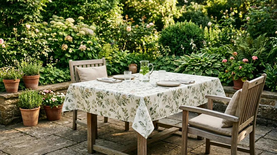 Gartentisch
auf einer Terrasse mit gemusterter, wetterfester Tischdecke, umgeben von
Pflanzen